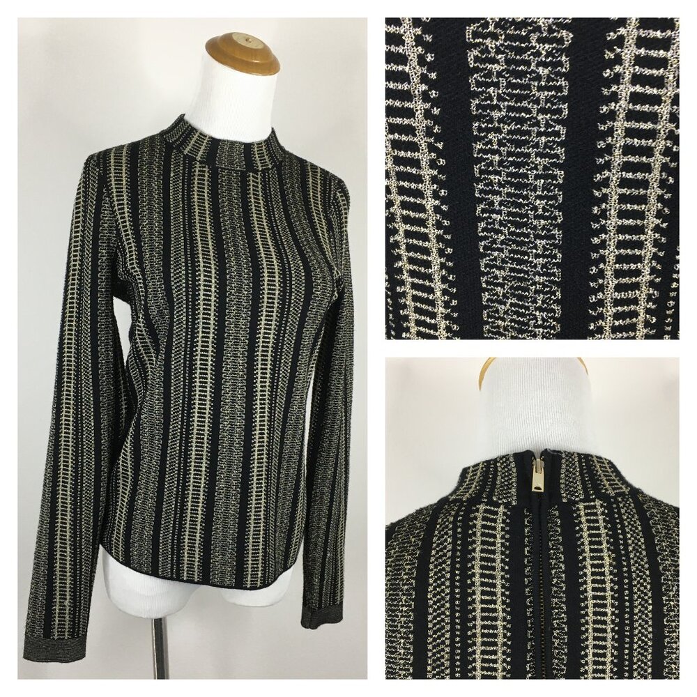 REISS Long Sleeve Black Gold Glitter Mock Neck Zip Back Stretch Knit Sweater